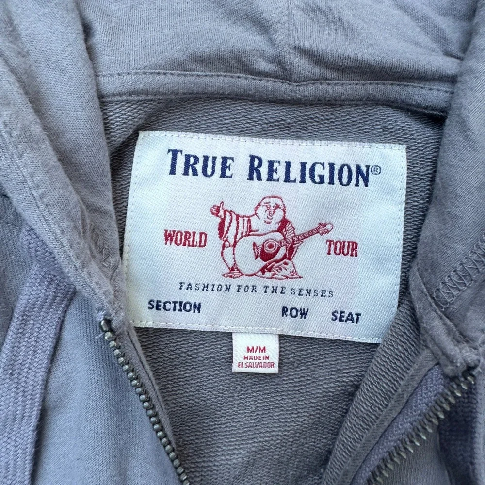 True Religion Mens Gray Graphic Sleeve Full Zip Hoodie Sweatshirt Size M